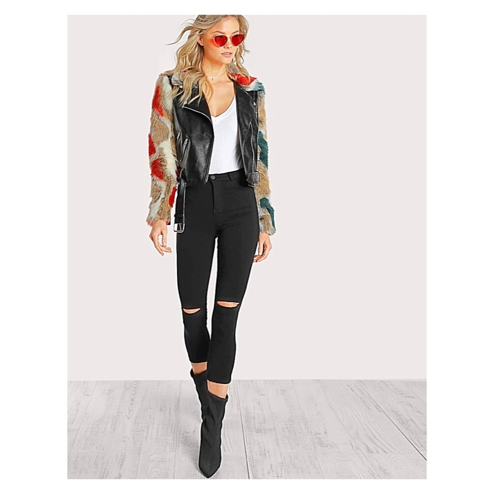 SHEIN Black Leather and Multicolor Faux Fur Sleeve Moto Jacket, size S